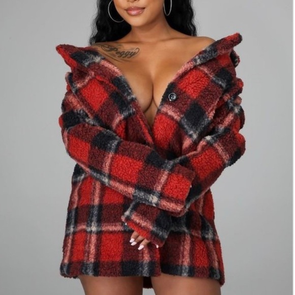 WOMEN’S RED COLLAR PLAID FLANNEL PLUSH TEDDY COAT - Picture 12 of 12